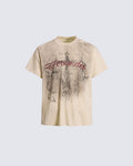 American-Style Distressed Short-Sleeved T-Shirt With Cross Design