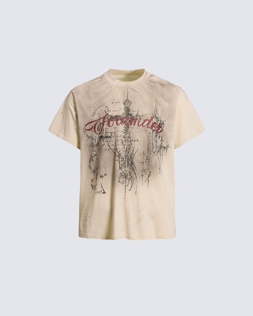 American-Style Distressed Short-Sleeved T-Shirt With Cross Design