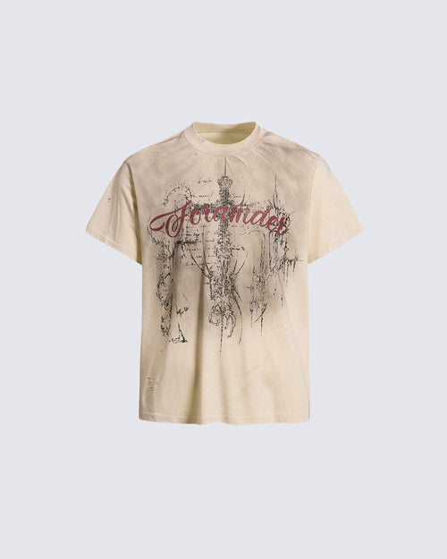 American-Style Distressed Short-Sleeved T-Shirt With Cross Design