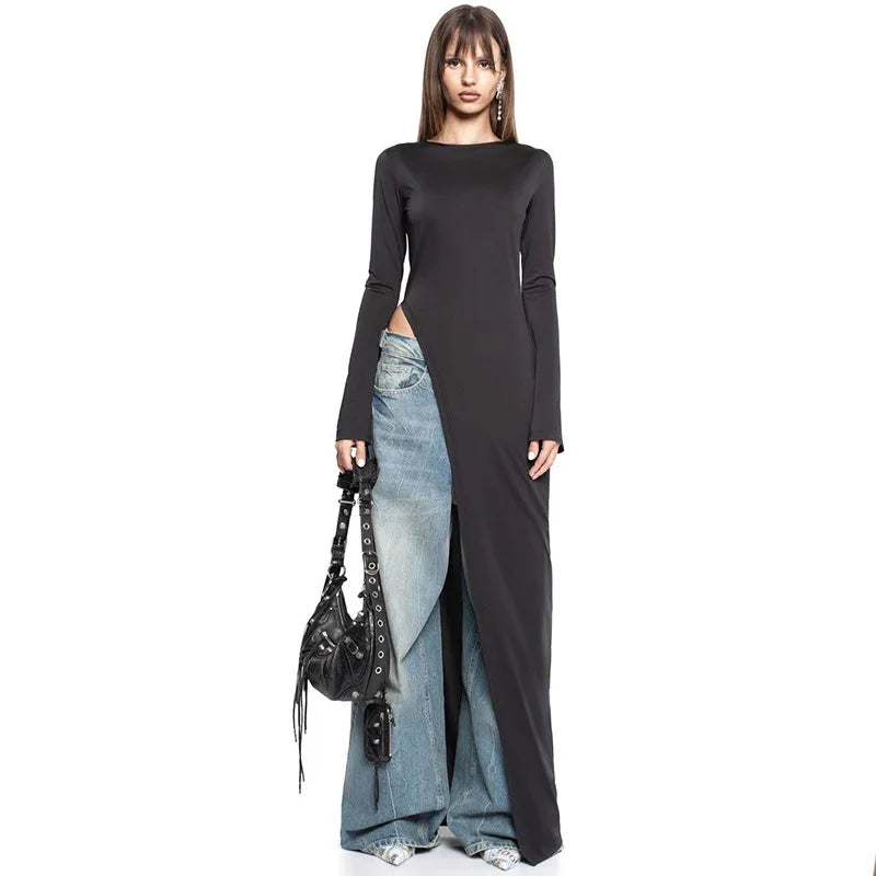 Asymmetrical Long Sleeve Black Dress