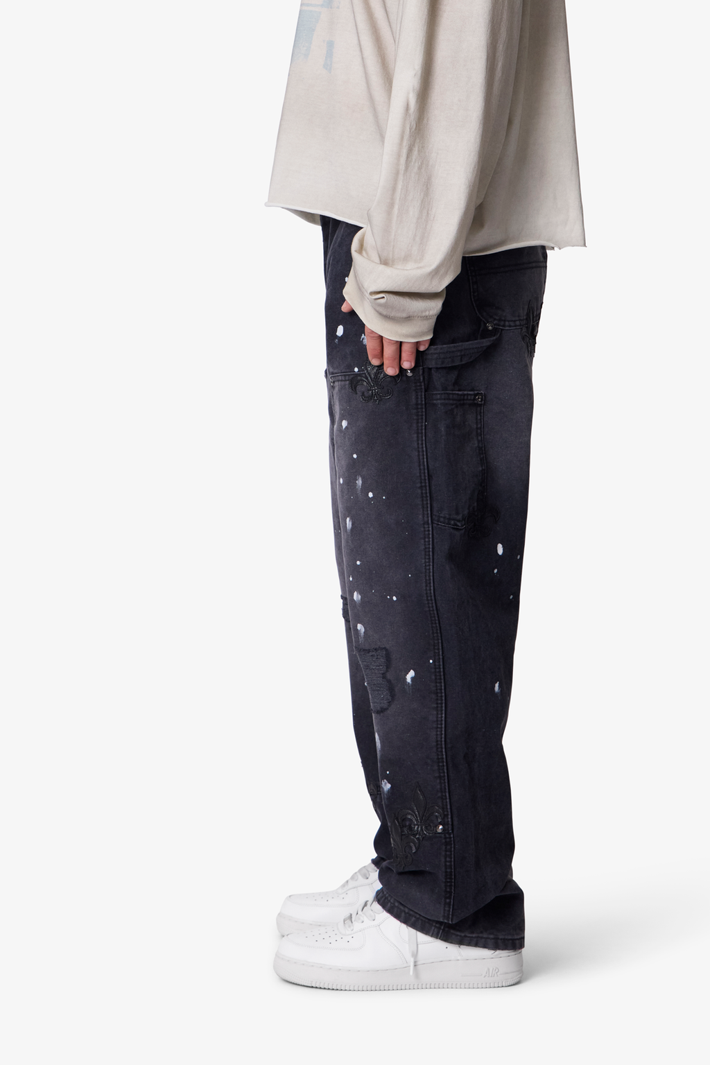 Torn Fleur Double Knee Pants - Washed Black