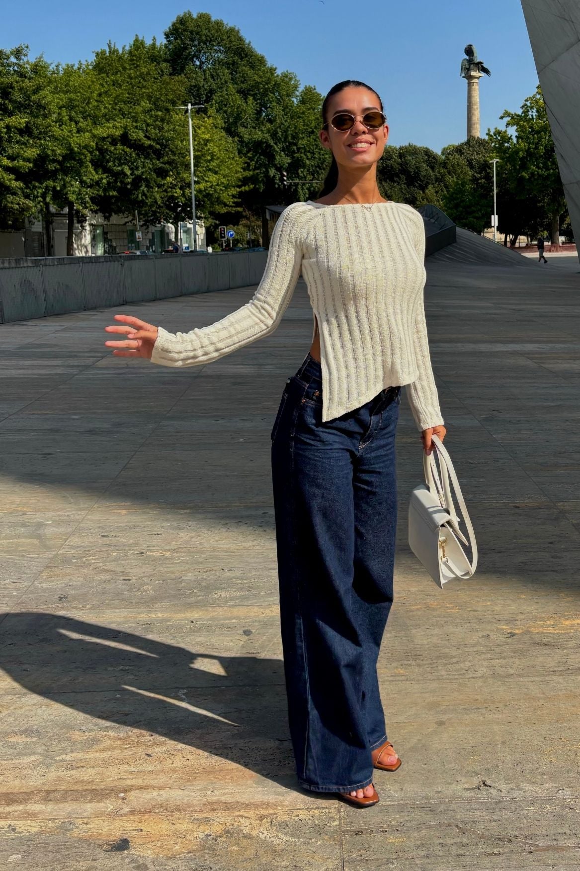 Asymmetrical Ribbed Long Sleeve Top Organic Cotton - Ecru