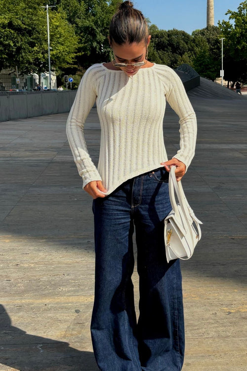 Asymmetrical Ribbed Long Sleeve Top Organic Cotton - Ecru