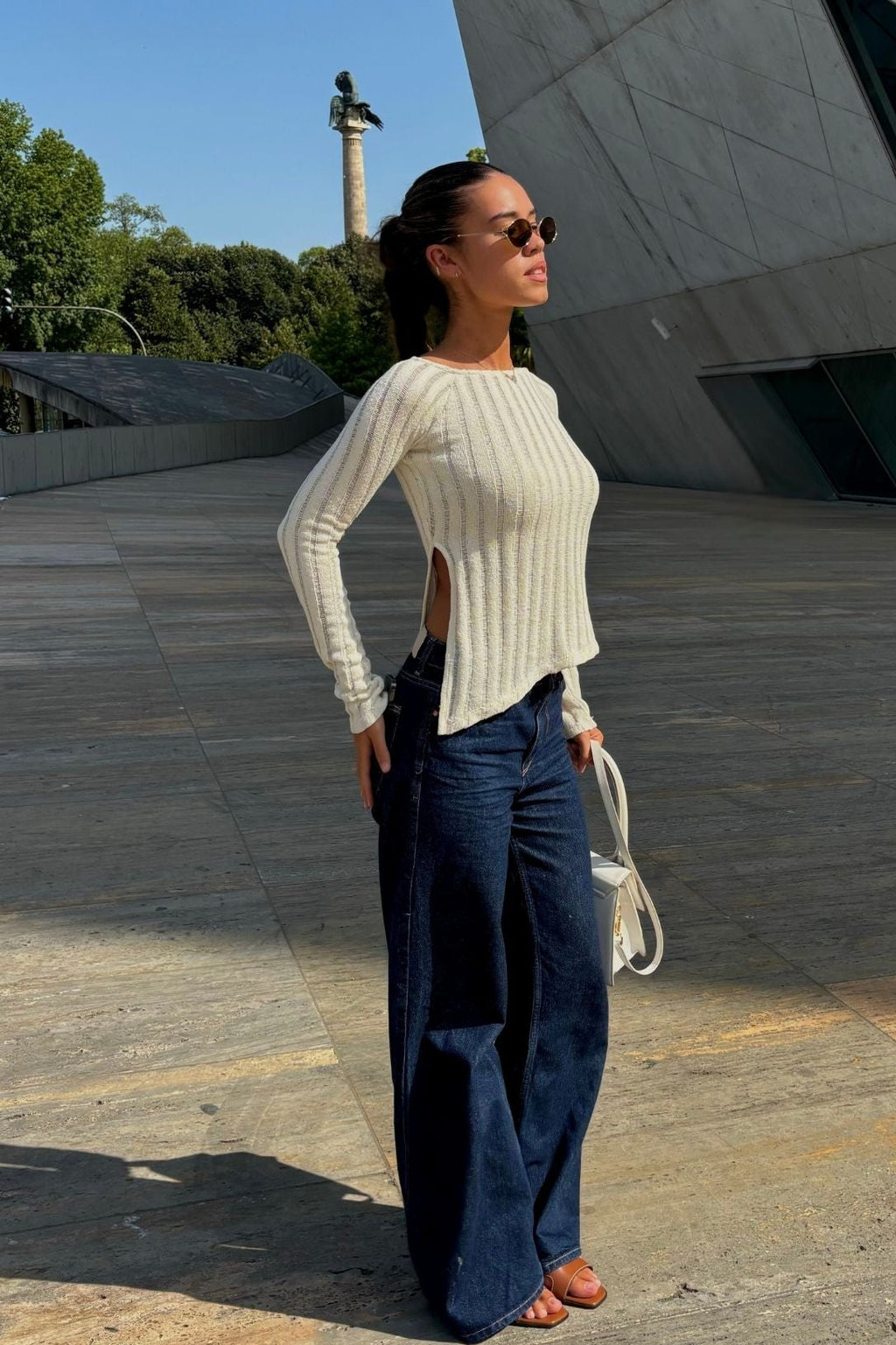 Asymmetrical Ribbed Long Sleeve Top Organic Cotton - Ecru