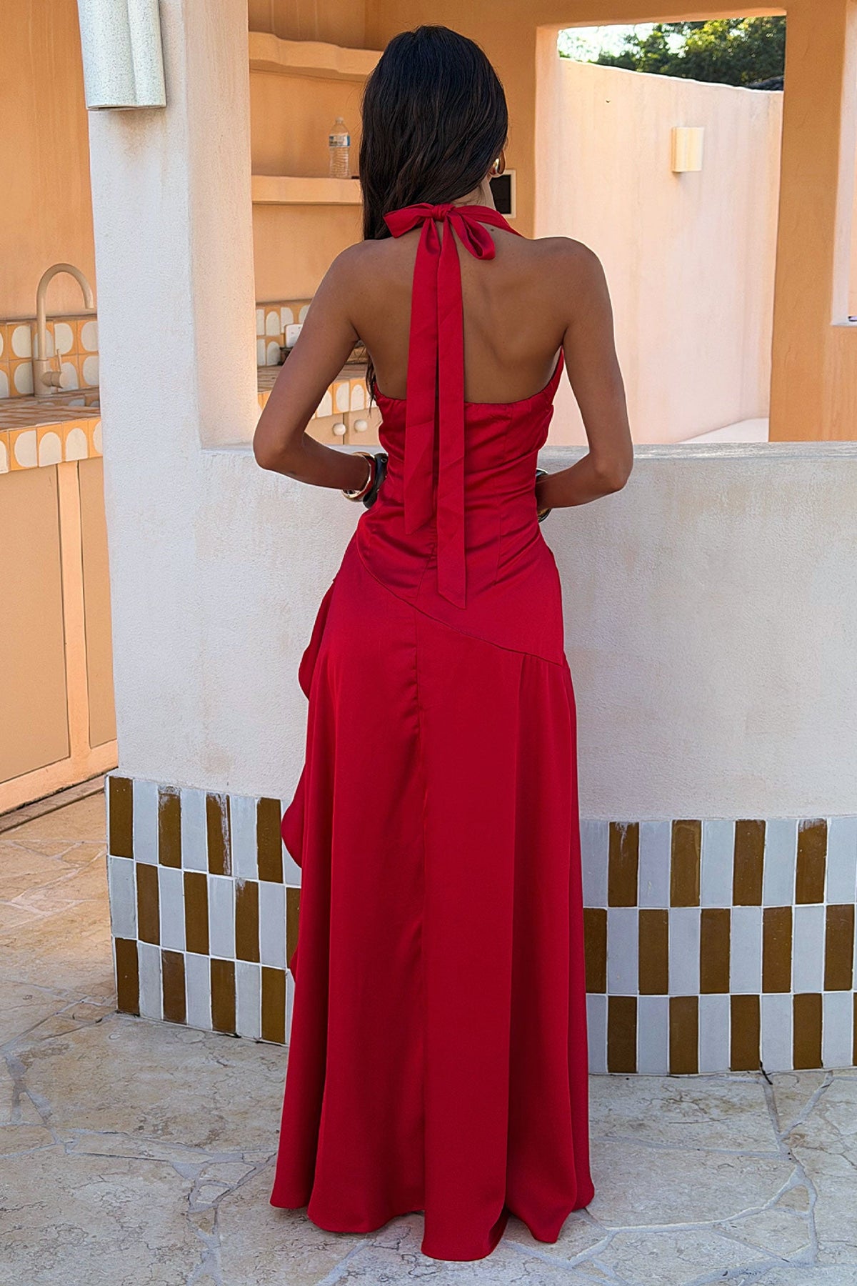 Wrenly V-Neck Satin Maxi Dress - Red